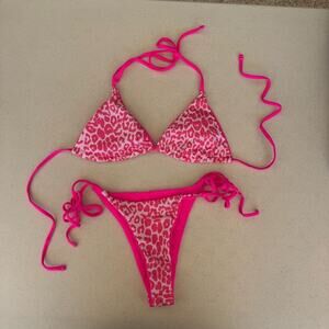 Women's Two-Piece Swimsuit Small Hot Pink Leopard Print Halter Neck String